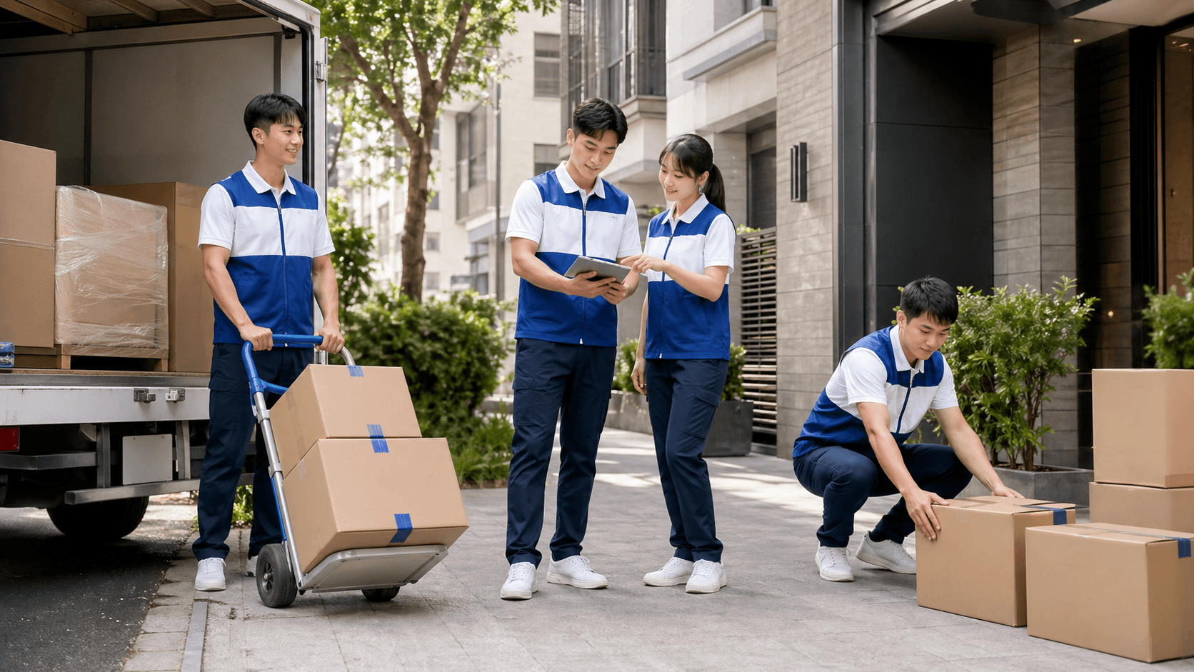 穿著藍白制服的轉轉工作人員搬運紙箱